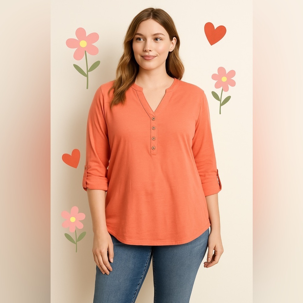 Riders by Lee Coral Button Henley Blouse | XL | Casual Everyday Top 🌸🧡